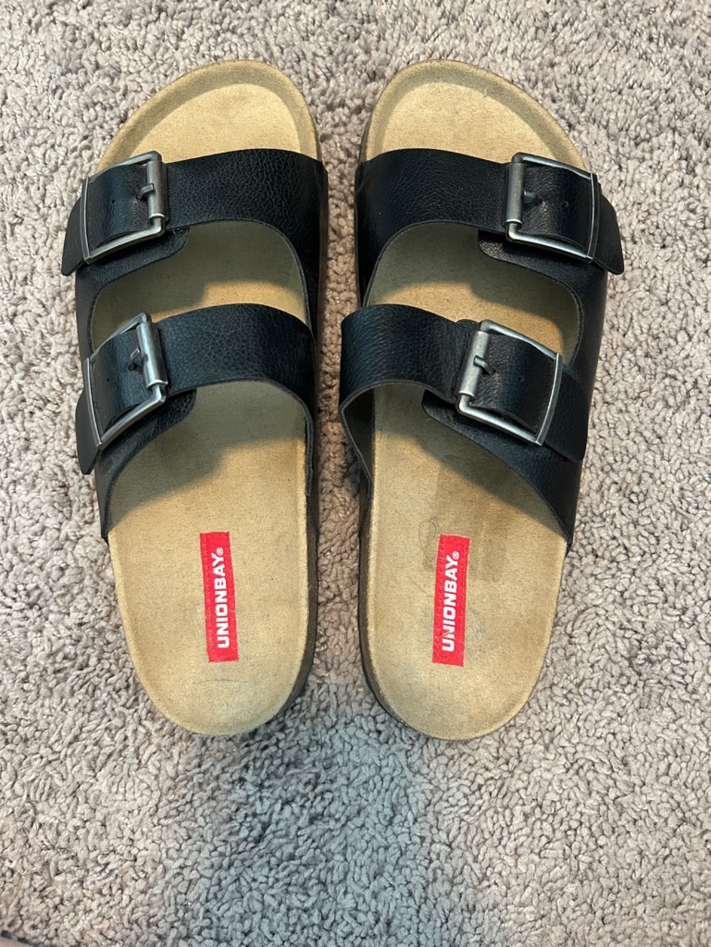 UNIONBAY Black Double-Buckle Slide Sandals with Tan Footbed